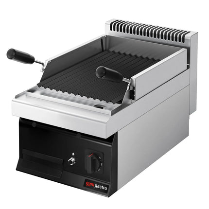 GGM Gastro Commercial Gas Lava Rock Chargrill MARIO 700 - 400mm - Countertop - 700mm Deep - 1 Grill Grid - Tilting Grill Grid - Black-front Fascia