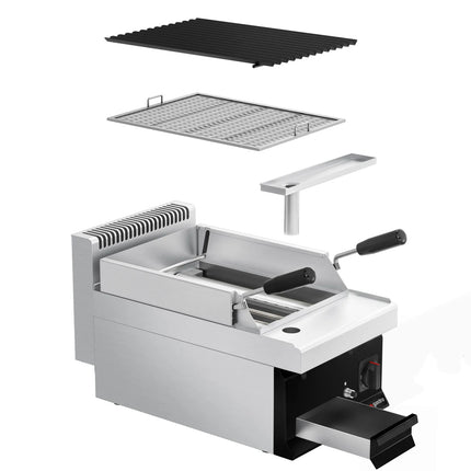 GGM Gastro Commercial Gas Lava Rock Chargrill MARIO 700 - 400mm - Countertop - 700mm Deep - 1 Grill Grid - Tilting Grill Grid - Black-front Fascia