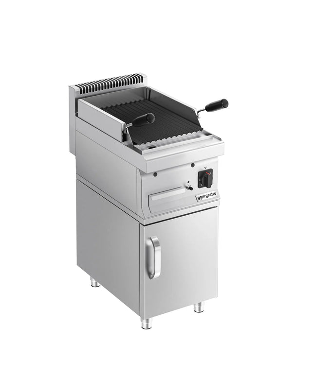 GGM Gastro Commercial Gas Lava Rock Chargrill MARIO 700 - 400mm - Freestanding - with Cabinet Base - Tilting Grill Grid - incl. cabinet base - 1 Door