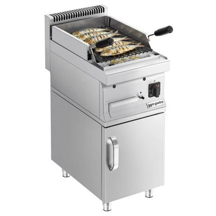 GGM Gastro Commercial Gas Lava Rock Chargrill MARIO 700 - 400mm - Freestanding - with Cabinet Base - Tilting Grill Grid - incl. cabinet base - 1 Door