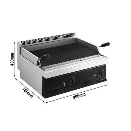 GGM Gastro Commercial Gas Lava Rock Chargrill Mario 700 - 800mm - Countertop - Tilting Grill Grid - Black-front Fascia - 700mm Deep