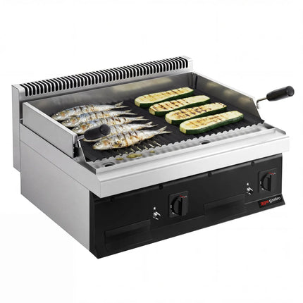 GGM Gastro Commercial Gas Lava Rock Chargrill Mario 700 - 800mm - Countertop - Tilting Grill Grid - Black-front Fascia - 700mm Deep