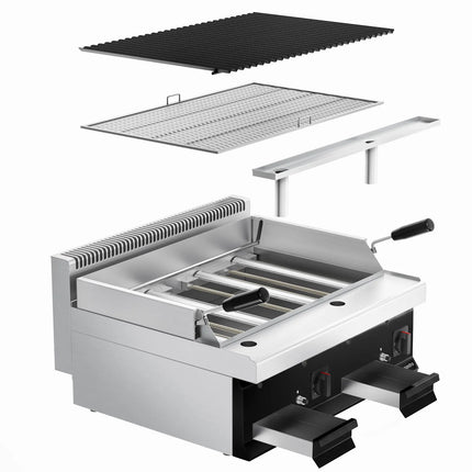 GGM Gastro Commercial Gas Lava Rock Chargrill Mario 700 - 800mm - Countertop - Tilting Grill Grid - Black-front Fascia - 700mm Deep