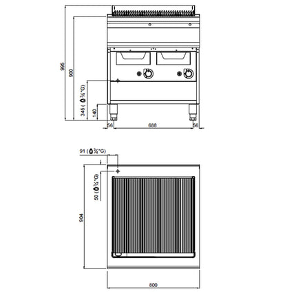 GGM Gastro Commercial Gas Water Grill Paolo 900 Series - 24kW - Freestanding - with Leg Stand - 900mm Deep