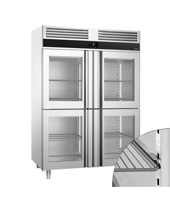 GGM Gastro Commercial Glass Door Upright Fridge PREMIUM - GN 2/1 - 1400L - with 4 half glass doors
