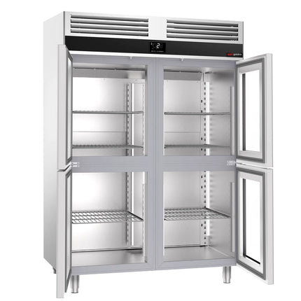 GGM Gastro Commercial Glass Door Upright Fridge PREMIUM - GN 2/1 - 1400L - with 4 half glass doors