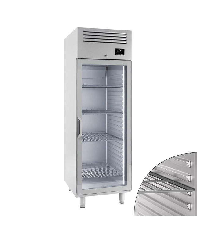GGM Gastro Commercial Glass Door Upright Fridge Stainless steel PREMIUM PLUS - GN 2/1 - 560L - with 1 glass door