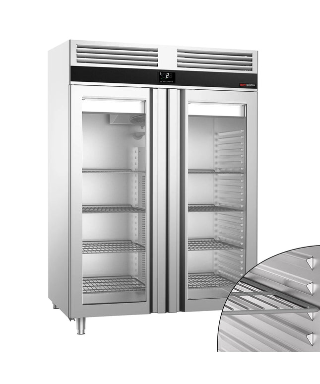 GGM Gastro Commercial Glass Door Upright Fridge Stainless steel PREMIUM - GN 2/1 - 1350L - with 2 glass doors