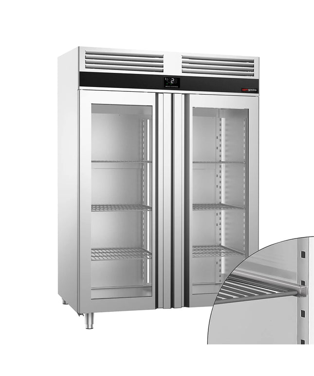 GGM Gastro Commercial Glass Door Upright Fridge Stainless steel PREMIUM - GN 1/1 - 1400L - with 2 glass doors