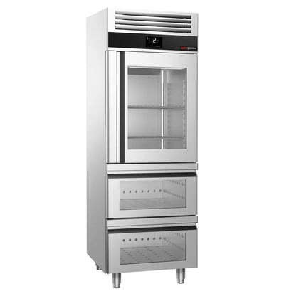 GGM Gastro Commercial Glass Door Upright Fridge Stainless steel PREMIUM - GN 2/1 - 700L - with 1 glass door - 2 drawers