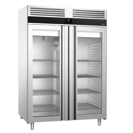 GGM Gastro Commercial Glass Door Upright Fridge Stainless steel PREMIUM - GN 2/1 - 1350L - with 2 glass doors