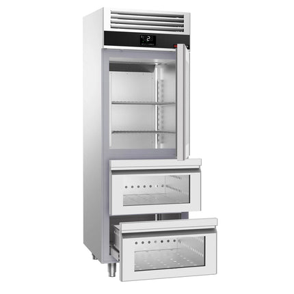 GGM Gastro Commercial Glass Door Upright Fridge Stainless steel PREMIUM - GN 2/1 - 700L - with 1 glass door - 2 drawers