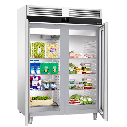 GGM Gastro Commercial Glass Door Upright Fridge Stainless steel PREMIUM - GN 2/1 - 1350L - with 2 glass doors