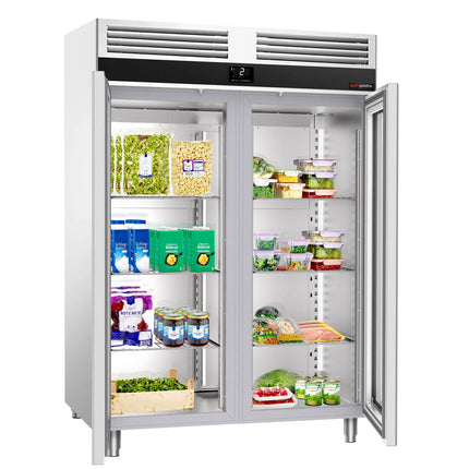 GGM Gastro Commercial Glass Door Upright Fridge Stainless steel PREMIUM - GN 1/1 - 1400L - with 2 glass doors