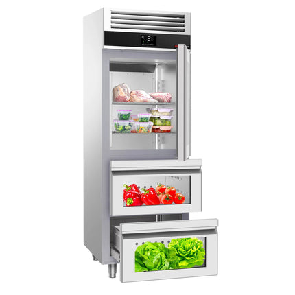 GGM Gastro Commercial Glass Door Upright Fridge Stainless steel PREMIUM - GN 2/1 - 700L - with 1 glass door - 2 drawers