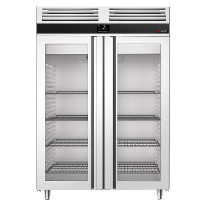 GGM Gastro Commercial Glass Door Upright Fridge Stainless steel PREMIUM - GN 2/1 - 1350L - with 2 glass doors