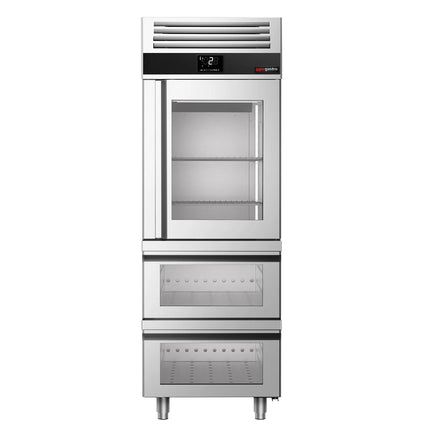 GGM Gastro Commercial Glass Door Upright Fridge Stainless steel PREMIUM - GN 2/1 - 700L - with 1 glass door - 2 drawers