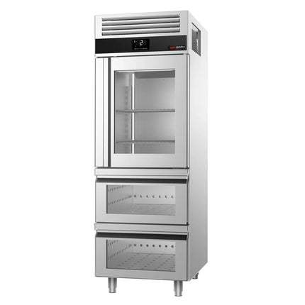 GGM Gastro Commercial Glass Door Upright Fridge Stainless steel PREMIUM - GN 2/1 - 700L - with 1 glass door - 2 drawers