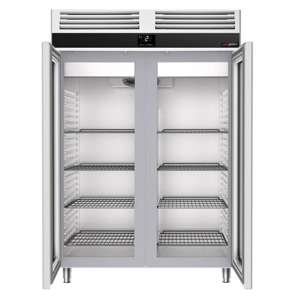 GGM Gastro Commercial Glass Door Upright Fridge Stainless steel PREMIUM - GN 2/1 - 1350L - with 2 glass doors