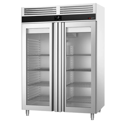 GGM Gastro Commercial Glass Door Upright Fridge Stainless steel PREMIUM - GN 2/1 - 1350L - with 2 glass doors