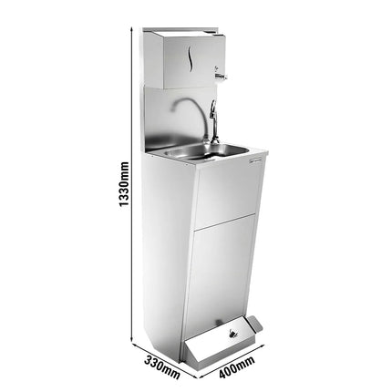 GGM Gastro Commercial Hand Wash Sink - Stainless steel - wall mounted, knee-operated, with upstand/splashback, with tap, with paper towel dispenser, manual soap dispenser