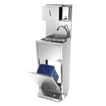 GGM Gastro Commercial Hand Wash Sink - Stainless steel - wall mounted, knee-operated, with upstand/splashback, with tap, with paper towel dispenser, manual soap dispenser