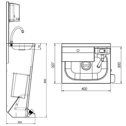 GGM Gastro Commercial Hand Wash Sink - Stainless steel - wall mounted, knee-operated, with upstand/splashback, with tap, with paper towel dispenser, manual soap dispenser