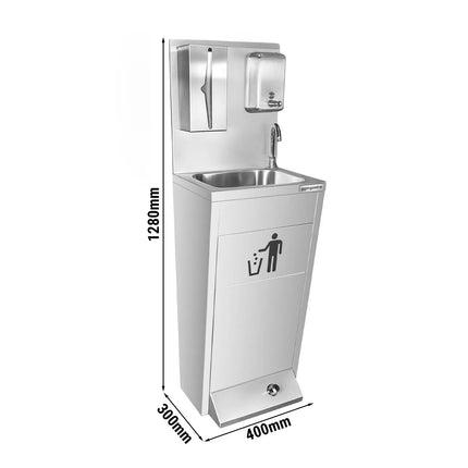 GGM Gastro Commercial Hand Wash Sink - Stainless steel - with foot-operated tap, soap dispenser & paper towel dispenser