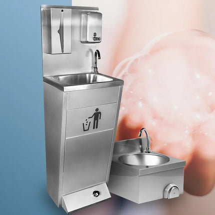 GGM Gastro Commercial Hand Wash Sink - Stainless steel - with foot-operated tap, soap dispenser & paper towel dispenser