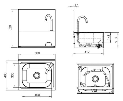 GGM Gastro Commercial Hand Wash Sink - Stainless steel - with knee-operated tap