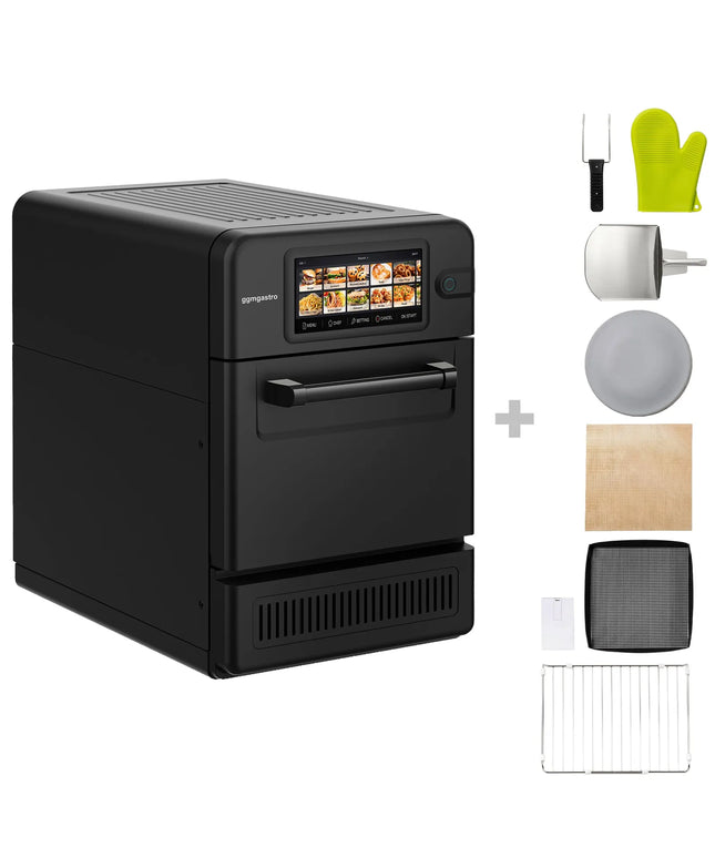 GGM Gastro Commercial High Speed Oven - Touchscreen - 3.0kW - Black - Ventless - incl. Pizza Tray, Mesh Basket | 80% Faster Cooking