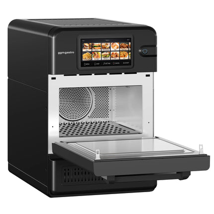 GGM Gastro Commercial High Speed Oven - Touchscreen - 3.0kW - Black - Ventless - incl. Pizza Tray, Mesh Basket | 80% Faster Cooking