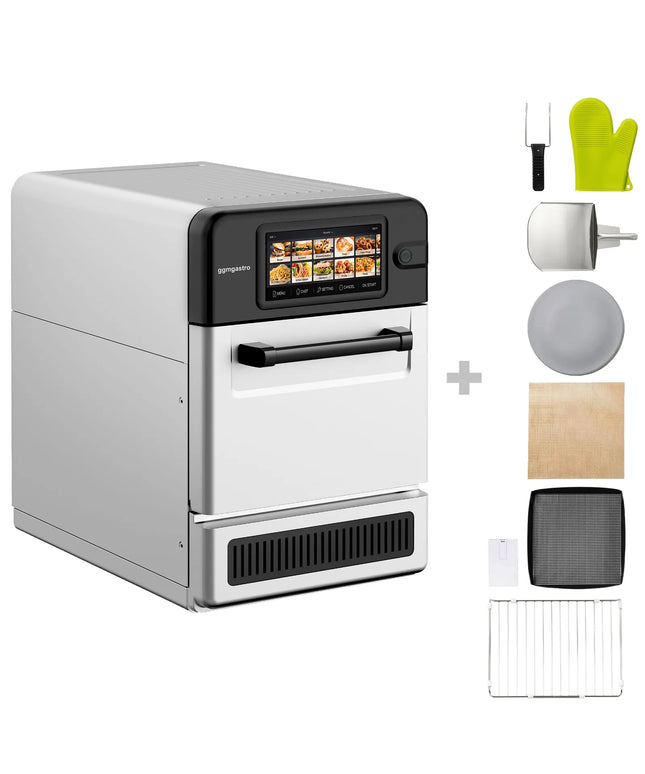 GGM Gastro Commercial High Speed Oven - Touchscreen - 3.0kW - Stainless Steel - Ventless - incl. Pizza Tray, Mesh Basket | 80% Faster Cooking