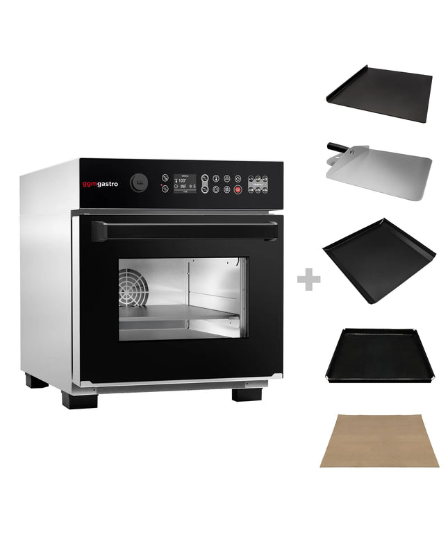 GGM Gastro Commercial High Speed Oven - Touchscreen - 3.4kW - Stainless Steel - incl. Pizza Tray, Temperature Probe, Non-stick Basket, Non-stick Baking Tray | 80% Faster Cooking