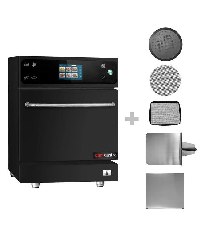 GGM Gastro Commercial High Speed Oven - Touchscreen - 3.5kW - Black - Ventless - incl. Pizza Tray, Mesh Basket, Non-stick Baking Tray | 80% Faster Cooking