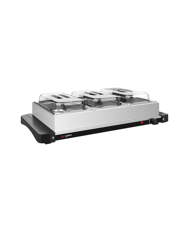 GGM Gastro Commercial Hot Plate - Stainless Steel - 657mm - 3x GN 1/3 - 400 W - incl. 3x GN 1/3 containers & lids