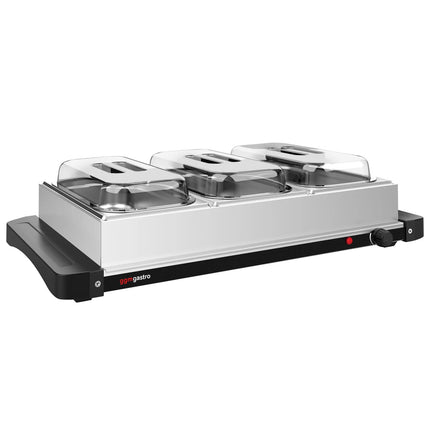 GGM Gastro Commercial Hot Plate - Stainless Steel - 657mm - 3x GN 1/3 - 400 W - incl. 3x GN 1/3 containers & lids