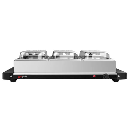 GGM Gastro Commercial Hot Plate - Stainless Steel - 657mm - 3x GN 1/3 - 400 W - incl. 3x GN 1/3 containers & lids