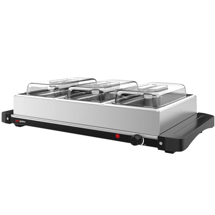 GGM Gastro Commercial Hot Plate - Stainless Steel - 657mm - 3x GN 1/3 - 400 W - incl. 3x GN 1/3 containers & lids
