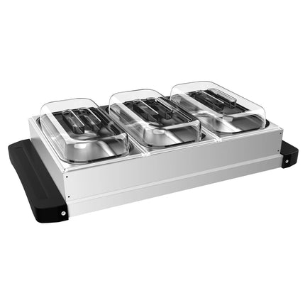 GGM Gastro Commercial Hot Plate - Stainless Steel - 657mm - 3x GN 1/3 - 400 W - incl. 3x GN 1/3 containers & lids