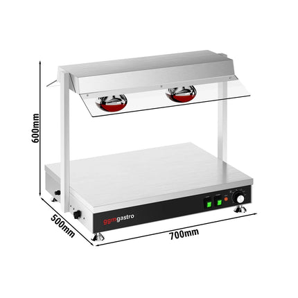 GGM Gastro Commercial Hot Plate Stainless Steel - 700mm - 1x GN GN 1/1 - 1 kW - with 2 Infrared Heat Lamps - with Toughened Glass Sneeze Screen