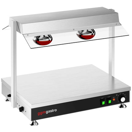 GGM Gastro Commercial Hot Plate Stainless Steel - 700mm - 1x GN GN 1/1 - 1 kW - with 2 Infrared Heat Lamps - with Toughened Glass Sneeze Screen
