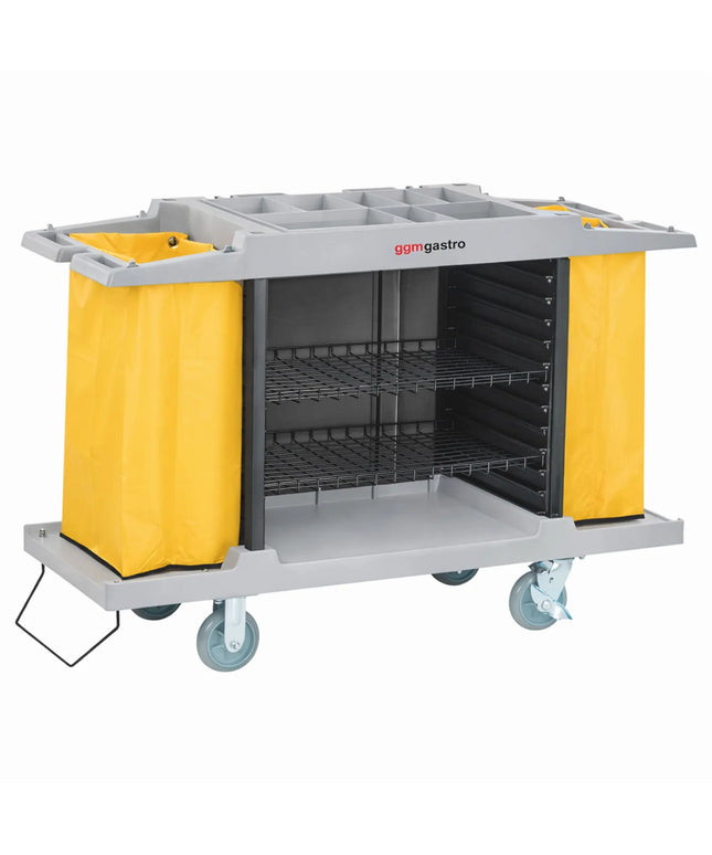 GGM Gastro Commercial Housekeeping Trolley - 2 laundry bags, 1 top shelf with compartments, 3 bottom shelves - Polypropylene (PP) frame - Grey