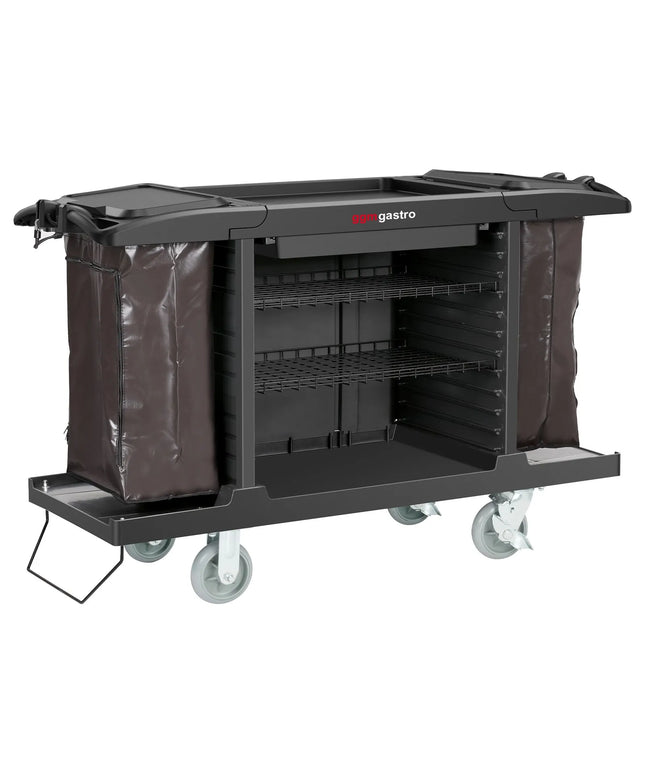 GGM Gastro Commercial Housekeeping Trolley - 2 laundry bags, 1 top shelf, 3 bottom shelves - Polypropylene (PP) frame - Black