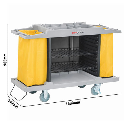 GGM Gastro Commercial Housekeeping Trolley - 2 laundry bags, 1 top shelf with compartments, 3 bottom shelves - Polypropylene (PP) frame - Grey