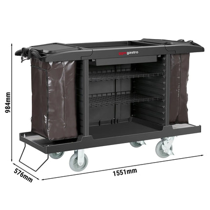GGM Gastro Commercial Housekeeping Trolley - 2 laundry bags, 1 top shelf, 3 bottom shelves - Polypropylene (PP) frame - Black