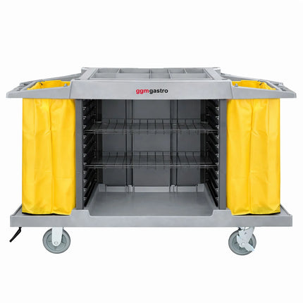 GGM Gastro Commercial Housekeeping Trolley - 2 laundry bags, 1 top shelf with compartments, 3 bottom shelves - Polypropylene (PP) frame - Grey