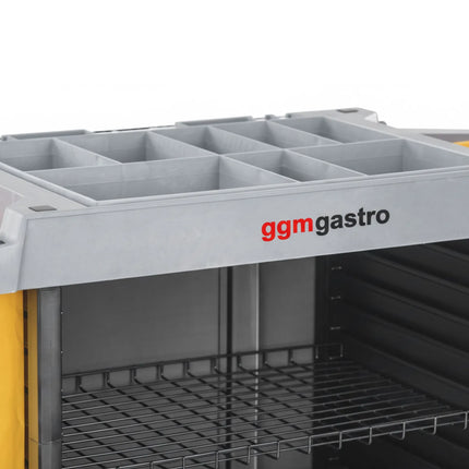 GGM Gastro Commercial Housekeeping Trolley - 2 laundry bags, 1 top shelf with compartments, 3 bottom shelves - Polypropylene (PP) frame - Grey
