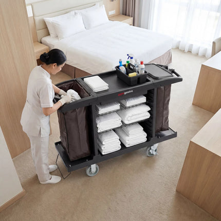 GGM Gastro Commercial Housekeeping Trolley - 2 laundry bags, 1 top shelf, 3 bottom shelves - Polypropylene (PP) frame - Black