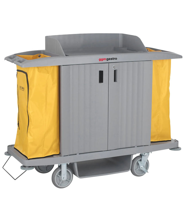 GGM Gastro Commercial Housekeeping Trolley - with doors - 2 laundry bags, 1 top shelf with compartments and upstand, 1 bottom shelf - Polypropylene (PP) frame - Grey